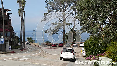 La Jolla, San Diego, CA USA -24 JAN 2020: Cars and buildings, downtown city street of californian coastal tourist resort. Editorial Stock Photo