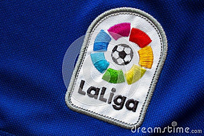 La Liga Spanish Football Soccer close up to their logo on a jersey Editorial Stock Photo