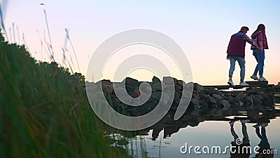 La longueur, la femelle et son ami marchent des pierres d'acroos et se tiennent des mains, nature de beautifu, l'eau et banque de vidéos La longueur, la femelle et son ami marchent des pierres d'acroos et se tiennent des mains, nature de beautifu, l'eau et banque de vidéos