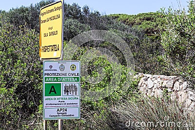 La Maddalena, Sardinia, Italy - Sign of the Civil Protection indicates the waiting area in case of emergencies in Cala Garibaldi Editorial Stock Photo