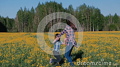 La maman et le fils tournent tenant des mains sur le champ avec les fleurs jaunes Promenade de famille au printemps clips vidéos La maman et le fils tournent tenant des mains sur le champ avec les fleurs jaunes Promenade de famille au printemps clips vidéos