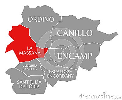 La Massana red highlighted in map of Andorra Cartoon Illustration