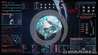La pantalla digital conmovedora del hombre de negocios, cerebro bajo del polígono conecta líneas digitales en tablero de instrume ilustración del vector La pantalla digital conmovedora del hombre de negocios, cerebro bajo del polígono conecta líneas digitales en tablero de instrume ilustración del vector