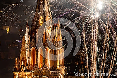 La Parroquia church building facade surrounded by fireworks Stock Photo