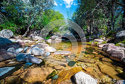 La Pedriza National Park on the southern slopes of the Guadarrama mountain range in Madrid, with cascades. It is one of the larges Stock Photo