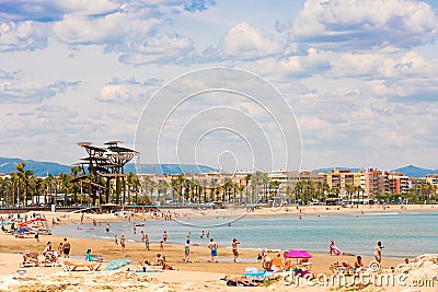 LA PINEDA, SPAIN - JUNE 6, 2017: Coastline Costa Dorada, beach in La Pineda, Tarragona, Catalunya, Spain. Copy space for text. Editorial Stock Photo