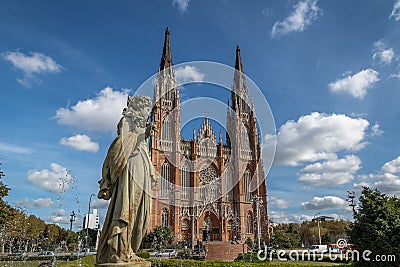 La Plata Cathedral and Plaza Moreno Fountain - La Plata, Buenos Aires Province, Argentina Stock Photo