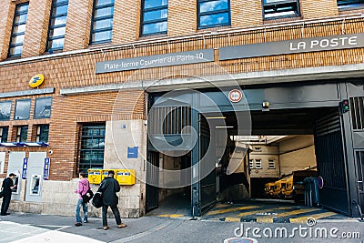 La Poste branch and parcel shipping platform entrance in the heart of Paris Editorial Stock Photo