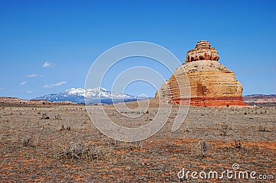 La Sal Mountains and the lonely Church rock Stock Photo