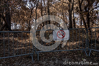 La Teste-de-Buch, France - 06.08.2022: Warning sign no smoke in europe, french forest danger park prohibited area Editorial Stock Photo