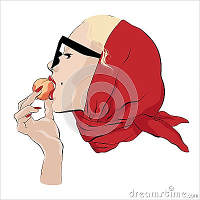 La vie est belle. Vector hand drawn illustration of blonde girl in shawl and glasses biting a peach. Vector Illustration