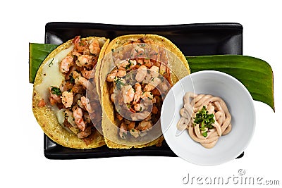 La Viga tacos with shrimps and mexican sauces Stock Photo