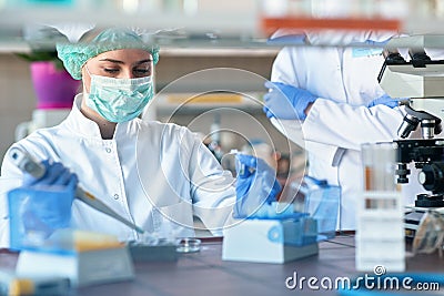 Lab analysis of new corona virus, clinic laboratory chemical research of infection. Covid-19 concept Stock Photo