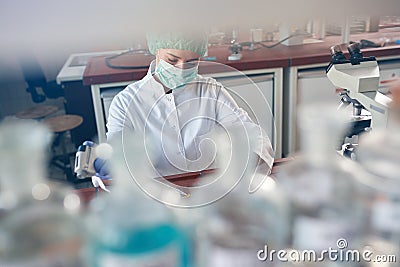 Lab analysis of new corona virus, clinic laboratory chemical research of infection. Covid-19 concept Stock Photo