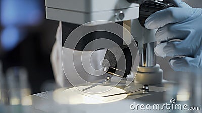 Lab assistant checking chemical reaction, professional microscope close-up Stock Photo