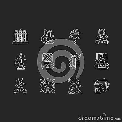 Lab equipment chalk white icons set on black background Vector Illustration