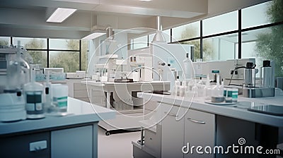 A lab filled with lots of equipment and bottles of liquid Stock Photo