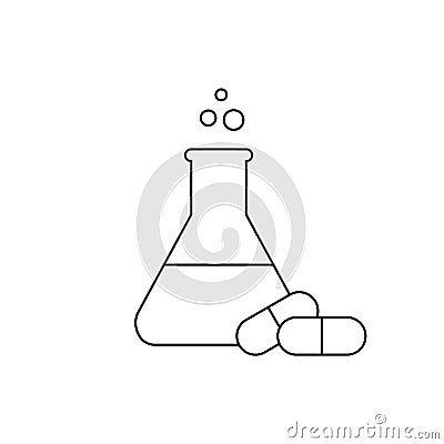 Lab flask thin line icon with two capsule pills. Pharmaceutical concept. Erlenmeyer conical flask. Vector Illustration