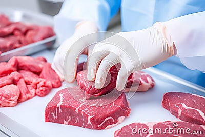 Lab-grown artificial meat in the laboratory, the future of sustainable protein food production Stock Photo