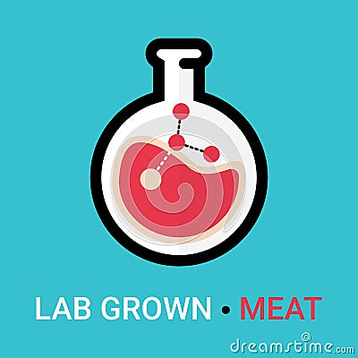 Lab grown meat icon concept. Artificial, synthetic meat is cultured and cultivated in chemistry lab glassware. Modern nourishment Vector Illustration