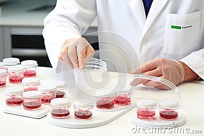 Lab-grown synthetic meat cultivation, detailed close-up with stem cells for sustainable alternatives Stock Photo