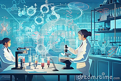 Lab scene with scientists manipulating DNA strands, Advanced biotech laboratory with gene-editing equipment, the Cartoon Illustration