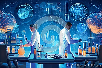 Lab scene with scientists manipulating DNA strands, Advanced biotech laboratory with gene-editing equipment, the Stock Photo