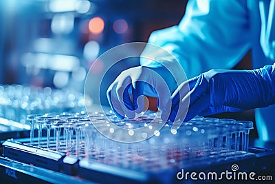 Lab technician analyzing biomaterial samples under microscope, observing cell structures Stock Photo