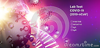 Lab test check list on covid-19. Computer model of Coronavirus in futuristic red rays over dark background and dna Vector Illustration