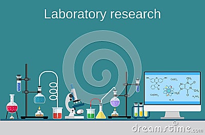 Lab worker table computer chemical research process. Vector Illustration