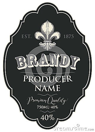 Label for brandy with fleur de lis in curly frame Vector Illustration