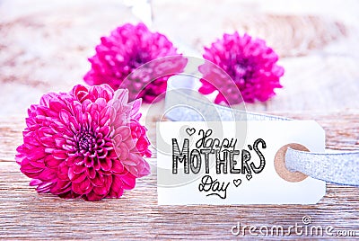 Label With Calligraphy Happy Mothers Day. Three Puprle Flower Blossoms Stock Photo