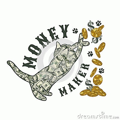 Label with cat playing with gold coins, dollar sign. Text Money Maker. 100 dollar bills inside of silhouette of cat. Vector Illustration