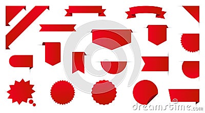 Label collection set. Sale tags. Discount red ribbons, banners and icons. Shopping Tags. Sale icons. Red isolated on white Vector Illustration