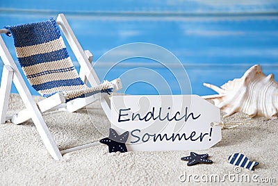 Label With Deck Chair, Endlich Sommer Means Happy Summer Stock Photo