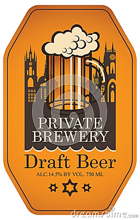 Label for draft beer with beer glass and old town Vector Illustration