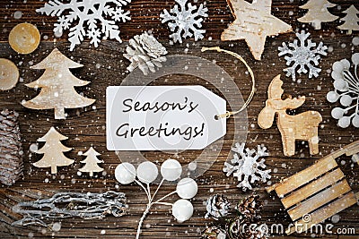 Label, Frame Of Christmas Decoration, Text Seasons Greetings, Snowflakes Stock Photo