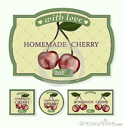 Label for homemade cherries. cherry jam canned packaging Vector Illustration