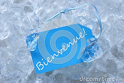 Label On Ice With Bienvenue Means Welcome Stock Photo