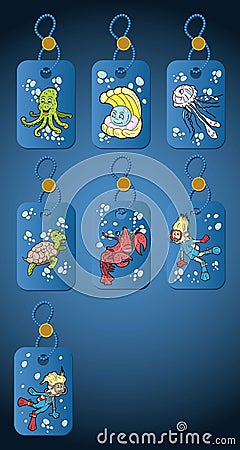 label illustration for print of a boy and girl wearing scuba gear among aquatic animals Vector Illustration