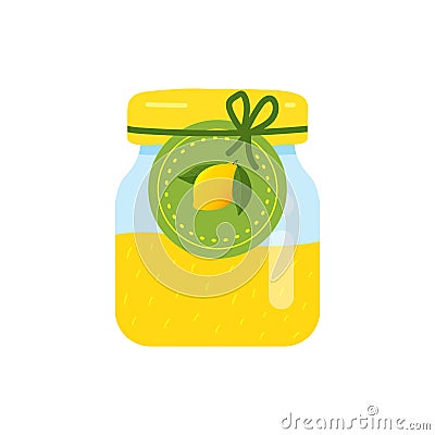 Label with Lemon on a jar of confiture. closeup Glass jar with Lemon jam. Vector Illustration