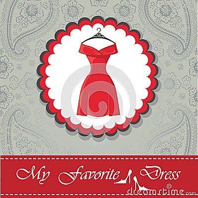 Label with little red dress.Paisley lace background Vector Illustration