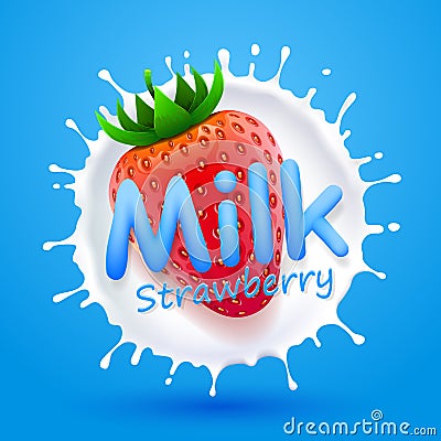Label milk strawberry Vector Illustration