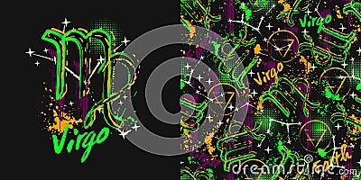 Label, pattern with icon of zodiac sign Virgo Stock Photo