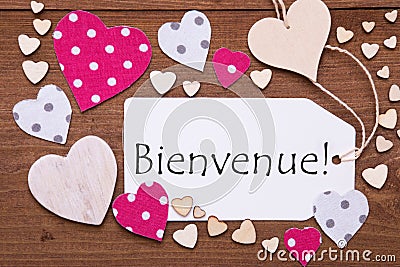 Label, Pink Hearts, Text Bienvenue Means Welcome Stock Photo