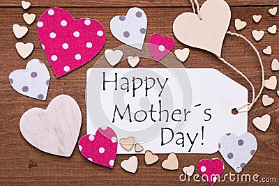 Label, Pink Hearts, Text Happy Mothers Day Stock Photo