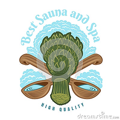 Label for sauna, banya or bathhouse. Ð«auna broom with crossed ladles. Vector color illustration Vector Illustration