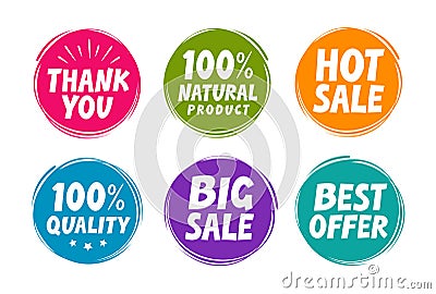 Label set such as Big sale, Best offer, Quality, Natural, Thank you. Vector illustration Vector Illustration