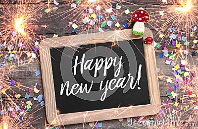 Label Sign and chalkboard with Happy New Year New Years Eve with 2019 and shamrock Stock Photo