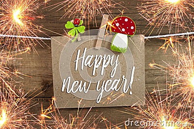 Label Sign and chalkboard with Happy New Year New Years Eve with 2019 and shamrock Stock Photo